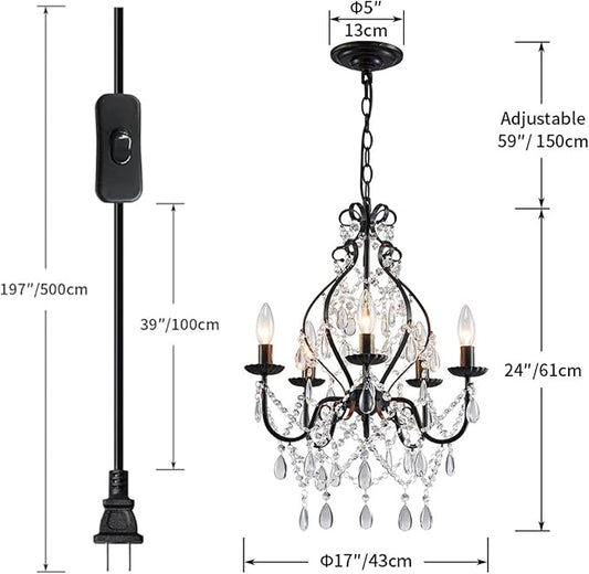 Saint Mossi 5-Lights Crystal Chandelier with Plug, Farmhouse Pendant Light Fixtures, H24 x D17,Chain Adjustable Max 59", Black Finish