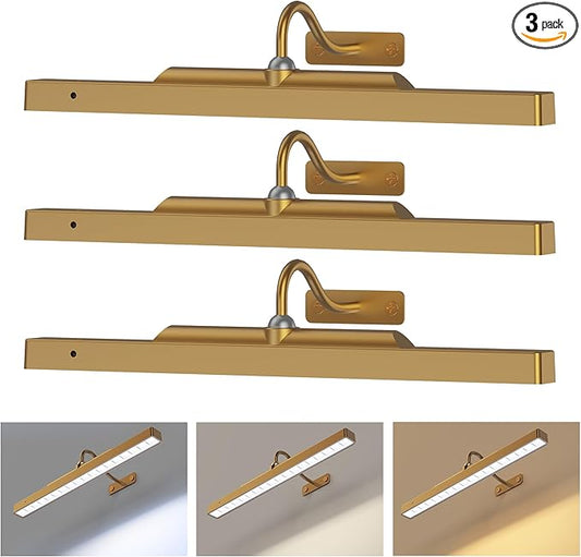 Picture Light Battery Rechargeable, 3Pack Picture Light for Wall with Remote, 3 Color Modes and Dimmable Classic Art Lights for Paintings, Pictures in Gallery, Bedroom, with Timer_Antique Gold