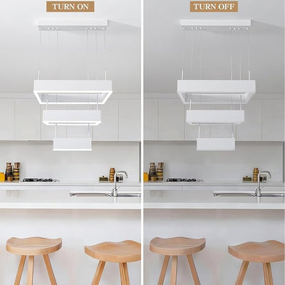 O'NEELDY Modern Chandelier White Pendant Lights Square LED Dining Room Light Fixture Height Adjustable Kitchen Island Lighting 3 Rings Flush Mount Chandeliers for Living Room,Bedroom,Dining Table
