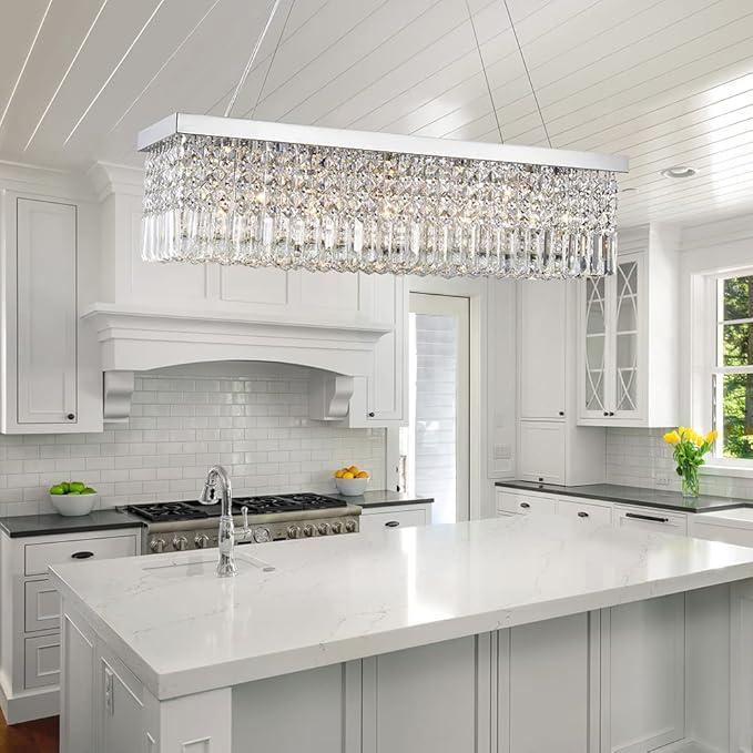 Saint Mossi 5-Lights K9 Crystal Chandelier for Dining Room, Rectangular Pendant Light Fixture for Kitchen Island, Raindrop Flush Mount Ceiling Light Fixture,H9 x W10 x L31, Chain Adjustable