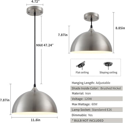 Brushed Nickel Industrial Pendant Light 11.8inches 2 Packs,Mental Hanging Light Fixtures for Kitchen Island,Dome Pendant Light,Ceiling Light Fixtures for Restaurant Dining Room Aisle