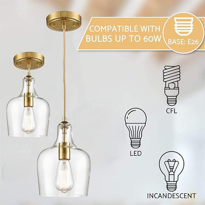 HYDELITE Modern Brushed Gold Pendant Light Fixtures Clear Glass Adjustable Cord Hanging Light for Living Room Kitchen Island Chandelier with Bell Shape