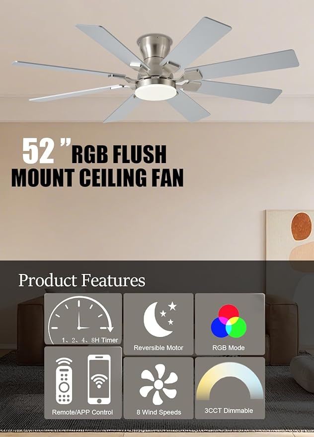 JSAITEE 52 inch Ceiling Fan with Light, 6 Speeds Reversible Low Profile Ceiling Fan with Light and Remote/APP Control, 3 Color Temp+Dimmable RGB, 8 Blades, Flush Mount Quiet Ceiling Fans, Nickel