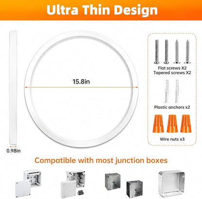 15.8Inch 1Pack Super Slim Flush Mount Ceiling Light Fixture,30W 3400LM Dimmable 5CCT Selectable 2700K-5000K Round Light Fixture for Living/Bedroom,Kitchen/Bathroom,Porch&All Indoor Spaces White