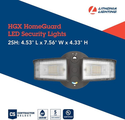 Lithonia Lighting HomeGuard 2-Light LED Outdoor Flood Lights, Outdoor LED Lights, Dusk to Dawn Sensor, Adjustable Lumens, Selectable Color, Square Heads, Dark Bronze (HGX LED 2SH ALO SWW2 120 PE DDB)