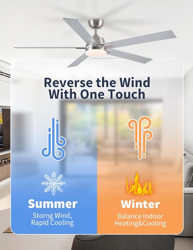 Rayqueen 60 Inch Ceiling Fans with Lights and Remote, 6 Speed Reversible DC Motor, 3CCT Dimmable LED, Modern Brushed Nickel Ceiling Fan for Bedroom, Living room & Covered Outdoor,Includes Downrod