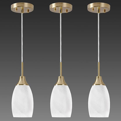 Viinew Mini Glass Pendant Light 3-Pack Handblown Art White Swirl Oval Hanging Pendant Lamp 4.72" Glass Chandelier for Kitchen Island Dining Room Living Foyer Hallway Entry Brushed Gold Finish