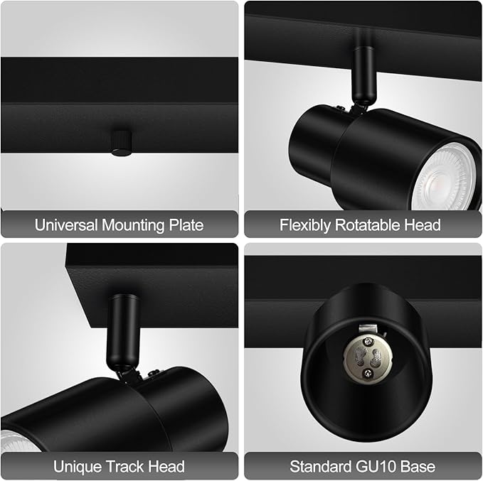 Plug-in Track Lighting LED, Track Light Fixtures Ceiling, Black Plug in Wall Lights with 14.8ft Cord, 3 Way Ceiling Spotlight for Kitchen, Rotatable Light Head for Bedroom Hallway(GU10 Socket,NO Bulb)