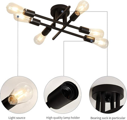ZGLAOJT 6-Lights Semi Flush Mount Ceiling Light Fixture，Black Industrial Chandelier，Farmhouse Lighting for Dining Room Living Room Kitchen Bedroom