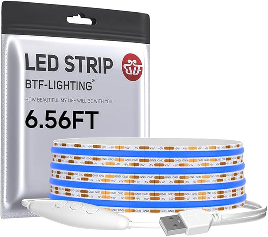 BTF-LIGHTING FCOB COB FOB LED Strip Lights 5V USB Powered 6.56FT 640LEDs Blue Color 8mm Width Dimmable CRI 90+ with 3M Tape Flexible High Density for 3D Printer TV Backlight PC DIY Decor