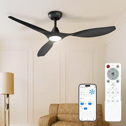 Roomratv Ceiling Fans with Lights and Remote Control,Quiet Noiseless Reversible DC Motor,6 Speeds,Timers, 3 CCT, Indoor Use, Plastic Blades,52 Inch Black Ceiling Fan Smart APP Control for Living Room