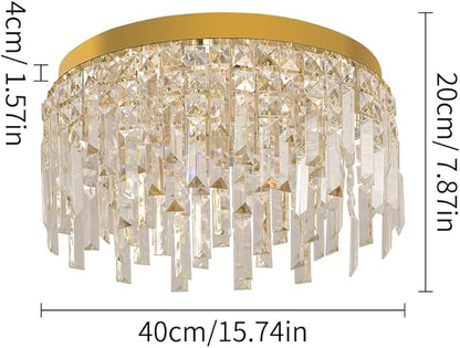 VETRULUS Gold Crystal Chandeliers for Dining Room 15.74" Round Luxury Flush Mount Crystal Ceiling Light Fixture Modern Chandelier for Bedroom Living Room Kitchen Island