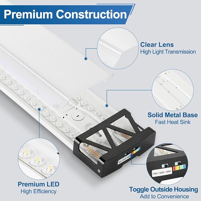 DAKASON 4FT LED Shop Lights for Garage Ceiling with Night Lighting, 48in LED Wraparound Light 75/65/55W 3/4/5000K Selectable, LED Ceiling Light Surface Mount for Office Workshop 4Pack