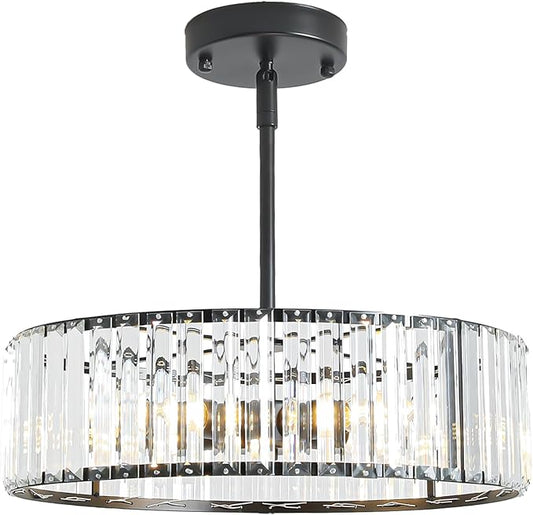 4-Light Black Crystal Chandelier for Dining Room,Modern Semi Flush Mount Ceiling Lighting Fixtures,Round Kitchen Hanging Drum Pendant Lights for Living Room Bedroom Foyer， 16 Inch