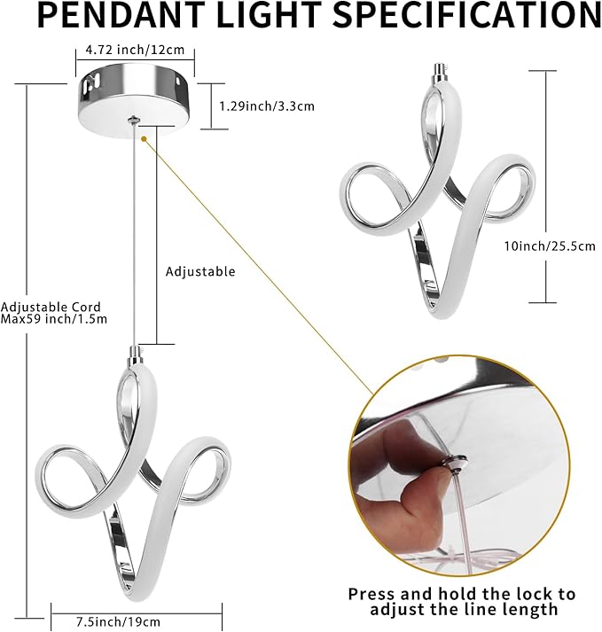 Modern Led Pendant Light 5500K Cold White Kitchen Island Pendant Light Fixtures Adjustable Height Led Pendant Lamp for Kitchen Island Dining Room Hanging Light, 2 Pack (Chrome)