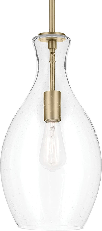 Kichler Everly 1-Light Bell Pendant Light Fixture with Clear Seeded Glass in Brushed Natural Brass for Kitchen Island, Dining Room, or Home Bar (17.75" x 8.75"), 42047NBRCS