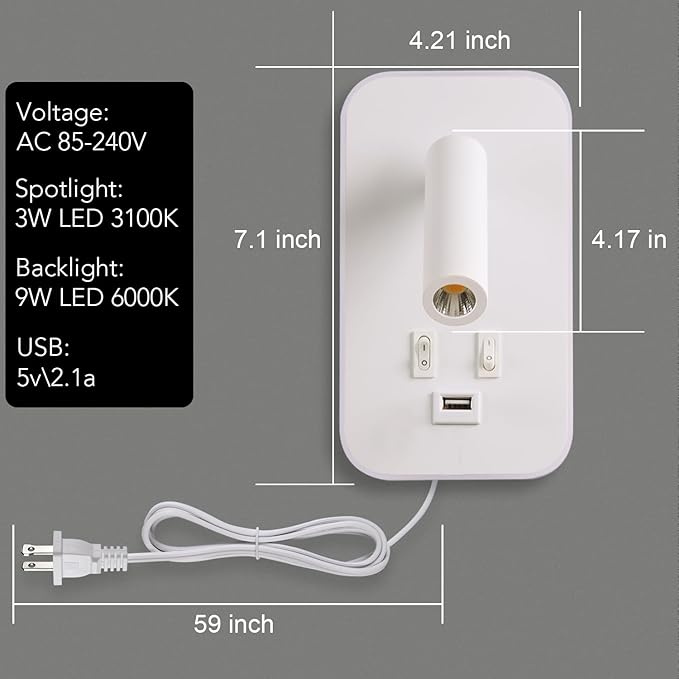 Wall Sconce Plug in with Wall Mounted Reading Lights, Wall Lamp for Bedroom with Charging Station USB Ports,Headboard Bedside Lamps, Plug-in or Hardwired, Eye-Caring Bedroom Lighting, White