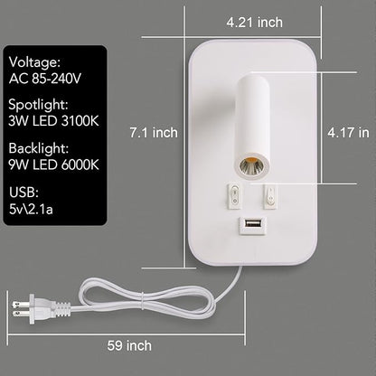 Wall Sconce Plug in with Wall Mounted Reading Lights, Wall Lamp for Bedroom with Charging Station USB Ports,Headboard Bedside Lamps, Plug-in or Hardwired, Eye-Caring Bedroom Lighting, White