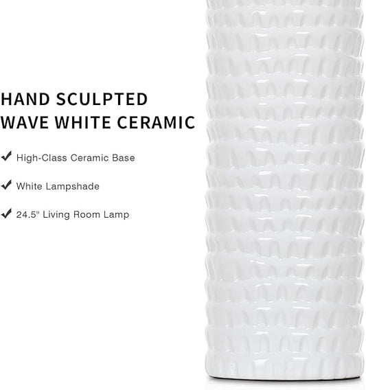 24.5" Modern Ceramic Table Lamps for Living Room ，Farmhouse Nightstand Lamps Set of 2 with White Linen Shade Office Reading Lamp ，Bedroom Lamps for Bedside End Table, Bedroom, Living Room, White