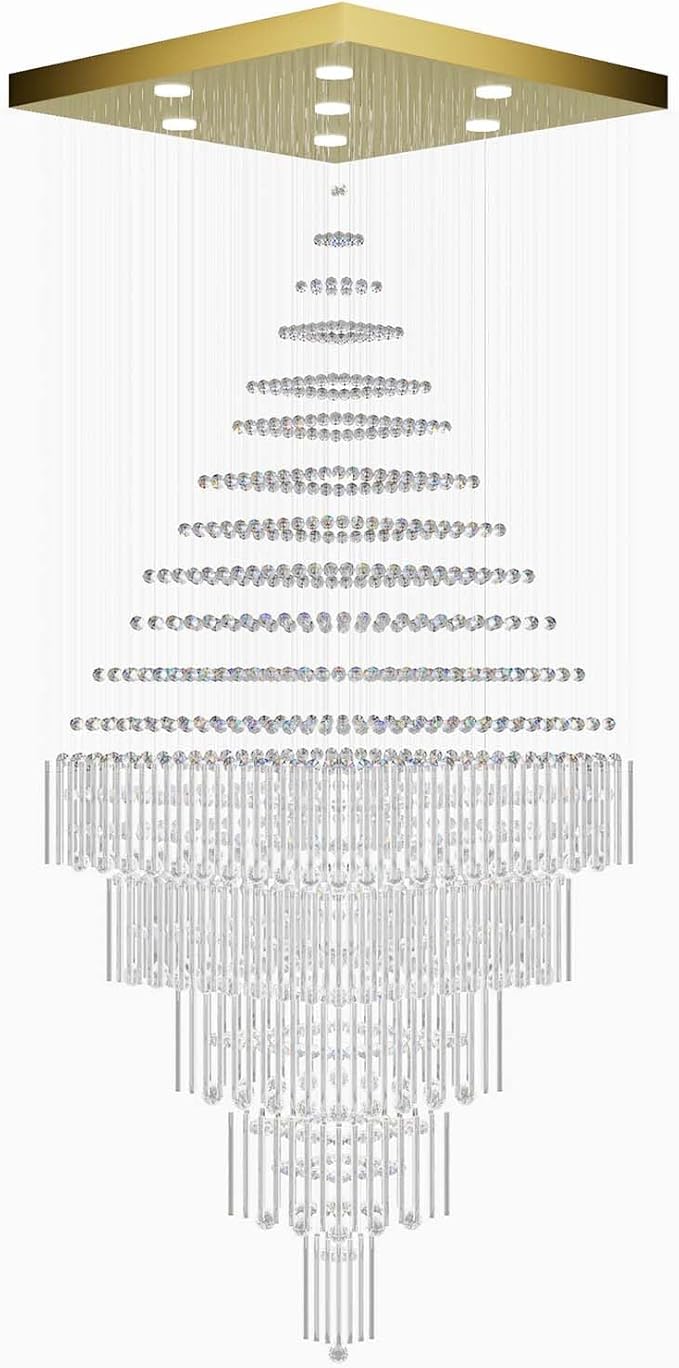 D40''X H100'' Extra Large Chandeliers for High Ceilings Crystal Raindrop Gold Chandeliers Large Villa Chandelier Entrance Foyer Square Ceiling Light LED Dimmable 2700K-6000K 16 led bulbs include