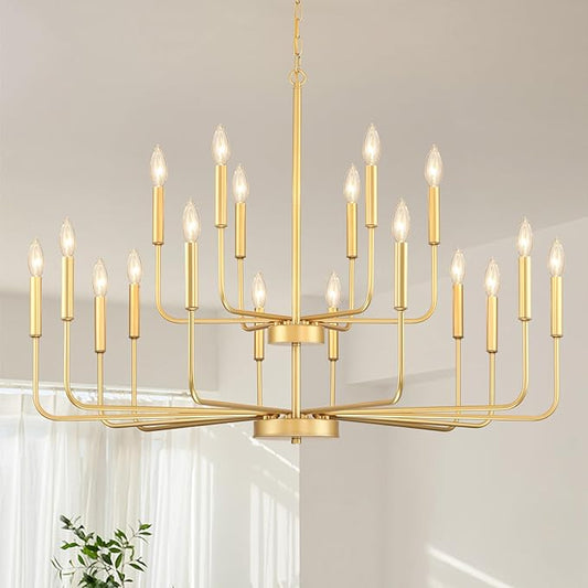 Gold Chandeliers for Dining Room Light Fixture Over Table, Modern Farmhouse Chandeliers for Living Room,18-Lights Industrial Metal Candle Lighting Fixtures for Entryway Kitchen Island Foyer