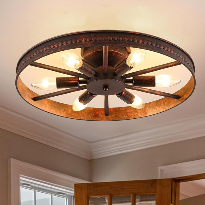 Farmhouse Round Semi Flush Mount Ceiling Light Red Rust Finish Dining Room Lighting Fixture Vintage Metal Ceiling Chandelier for Kitchen Bedroom 6 Light E12 φ18 Inches (6 Light)
