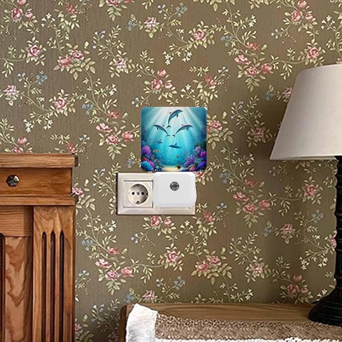 Dolphins LED Night Lights Plug into Wall Various Plants in The Underwater World 0.5W Plug in Night Light, Dusk to Dawn, Bright Nightlight Auto On/Off, for Room Bedroom Bathroom
