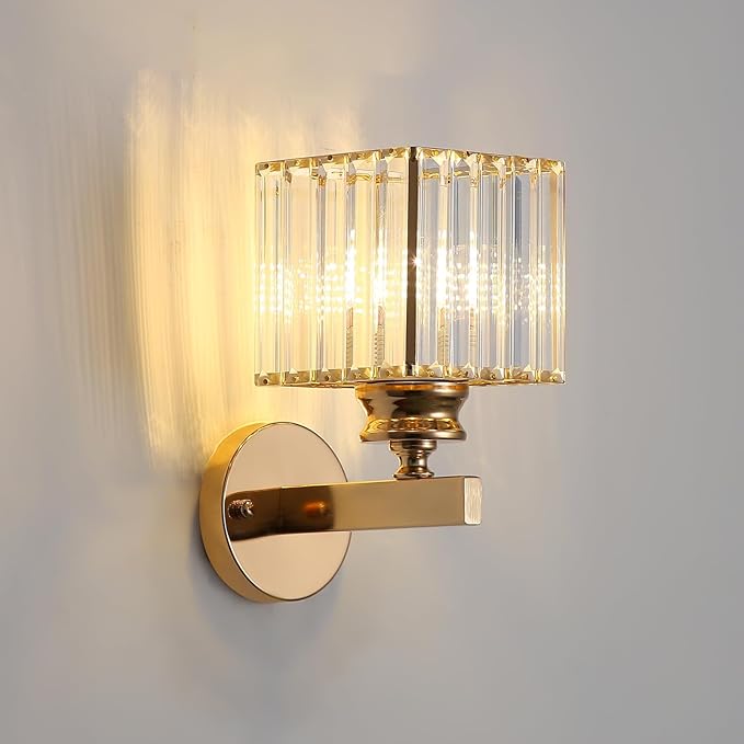 Hardwired Crystal Wall Sconces, Modern E27 Wall Lights, Gold Square Finish Wall Lamp for Living Room Bedroom Dining Room Hallway Entryway (Gold Square)