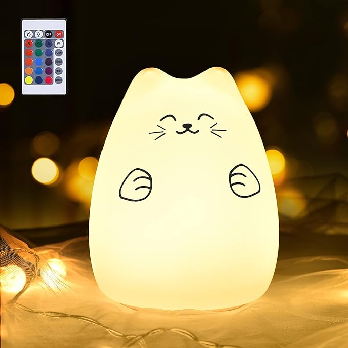Cute Night Lights for Kids, Best Christmas Birthday Gifts for 3-12 Year Old Girls Teen, Cat Silicone Baby Night Light for Newborn, Remote and Tap Control