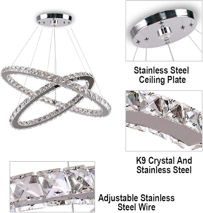 Finktonglan 23.6" Oval Crystal LED Chandelier, Modern 2 Ring Hanging Light Fixture, Cool White 6500K, Non-Dimmable, Built-in LED Pendant Light for Dining Room Bedroom