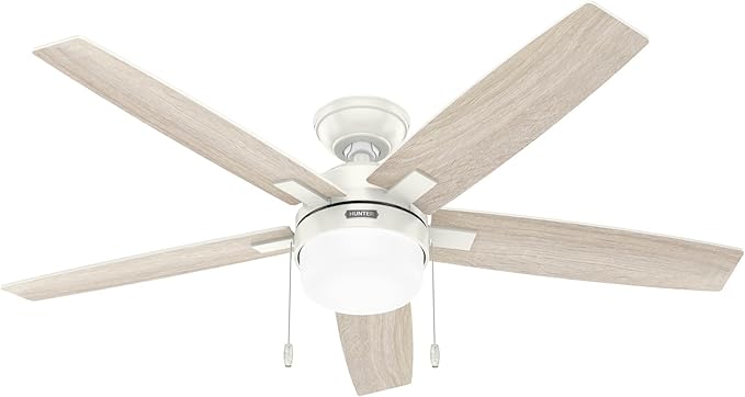 Hunter 52 inch Indoor Ceiling Fan with LED Light - White Ceiling Fan with Pull Chain, for Bedroom or Living Room, Standard Mount, No Remote, 5 Blades, Includes Bulbs - Anisten 52487, Fresh White