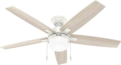 Hunter 52 inch Indoor Ceiling Fan with LED Light - White Ceiling Fan with Pull Chain, for Bedroom or Living Room, Standard Mount, No Remote, 5 Blades, Includes Bulbs - Anisten 52487, Fresh White