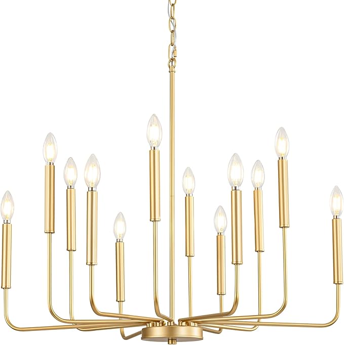 Modern Gold Chandelier for Dining Room,Metal 12-Light Kitchen Light Fixtures, Farmhouse Candle Hanging Pendant Light for Living Room Entryway Foyer Bedroom (Bulbs Not Included)