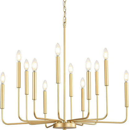 Modern Gold Chandelier for Dining Room,Metal 12-Light Kitchen Light Fixtures, Farmhouse Candle Hanging Pendant Light for Living Room Entryway Foyer Bedroom (Bulbs Not Included)