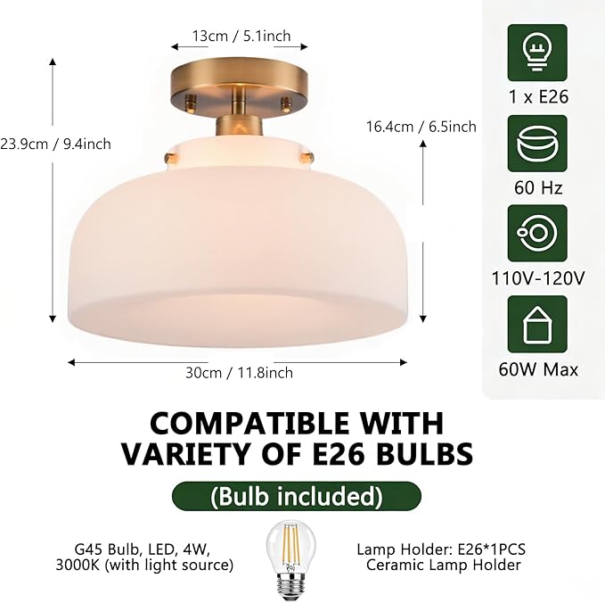 Semi Flush Mount Ceiling Light Fixture, 11.7 Inch Copper Finish with Milk Glass Schoolhouse Style for Kitchen Hallway Entryway