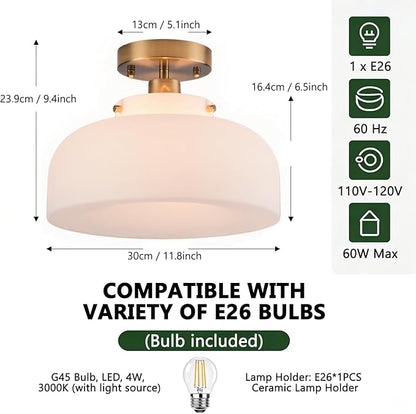 Semi Flush Mount Ceiling Light Fixture, 11.7 Inch Copper Finish with Milk Glass Schoolhouse Style for Kitchen Hallway Entryway