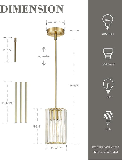 Crystal Pendant Lights, Hanging Light Fixture with Polished Gold Finish, Modern Mini Chandelier, Pendant Lights Kitchen Island Dining Room Bedroom, PL5510-1P-PG