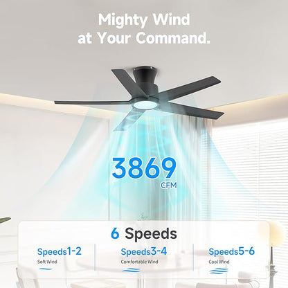 ocioc 44 inch Ceiling Fans with Lights and Remote, Dimmable Ceiling Fans with Reversible Quiet DC Motor, Flush Mount, 3CCT, Black Ceiling Fan for Bedroom Living room Indoor/Outdoor