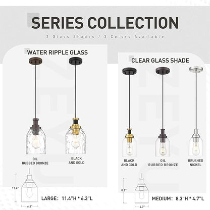 zeyu Modern Pendant Lights Kitchen Island 2 Pack, 1-Light Hanging Pendant Lighting for Dining Room, Water Ripple Glass Shade, Oil Rubbed Bronze Finish, ZG33M1L-2L ORB-WG