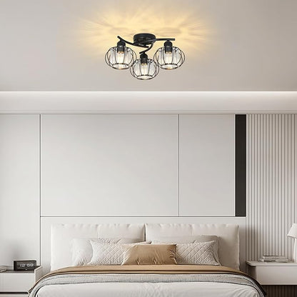 PAUFUL 3-Light Crystal Semi Flush Mount Ceiling Light,Black Modern Close to Ceiling Light Fixtures,Kitchen Light Fixtures with Clear Crystal Shade,Hallway Light Fixtures for Hallway Bedroom Bathroom