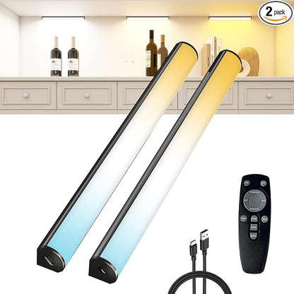 Under Cabinet Lighting Wireless with Remote,Rechargeable Battery Operated Closet Lights,3 Color Magnetic Dimmable led Strip Lights,Under Counter Lights for Kitchen,Shelf,Bedroom (Black-2PCS, 20cm)