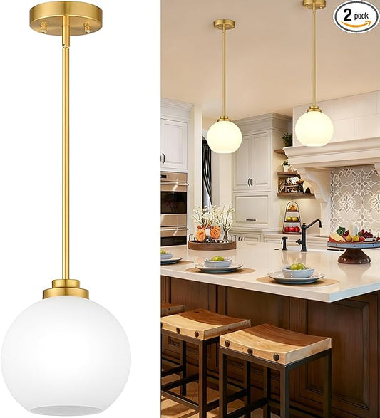 2 Pack 7.2-Inch Globe Pendant Lights, Mid Century Gold Pendant Light Fixtures, Globe Pendant Lights Kitchen Island with Milk Glass Shade Adjustable Hanging Fixture for Dining Room (Bulbs not Included)