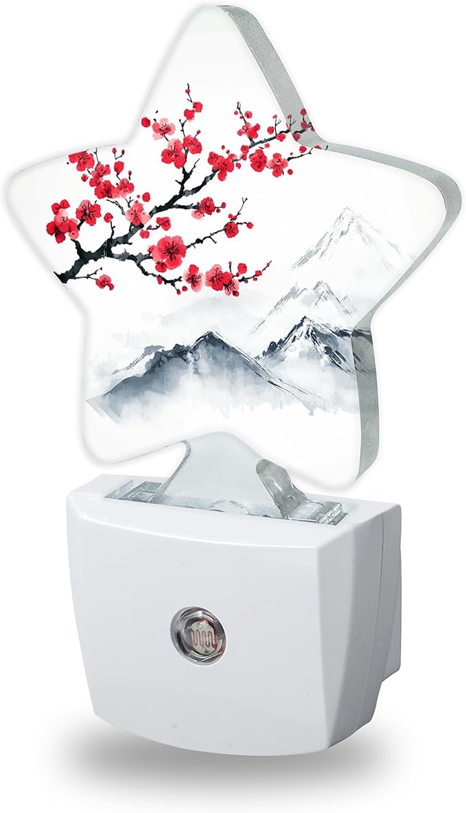 Red Plum Blosoom Flower Night Lights Plug Into Wall Decorative,Chinese Ink Painting Sleep Friendly Lamp, Energy Efficient Dusk-to-Dawn Sensor Nightlights for Kid Bedroom Nursery Bathroom