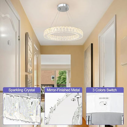 LED Chandelier, Modern Crystal Chandeliers, 17’’ Pendant Light 3/4/5000K Dimmable, Adjustable Height Ceiling Light Fixture for Dining Room, Stairwell, Entryway, Bedroom, ETL Listed