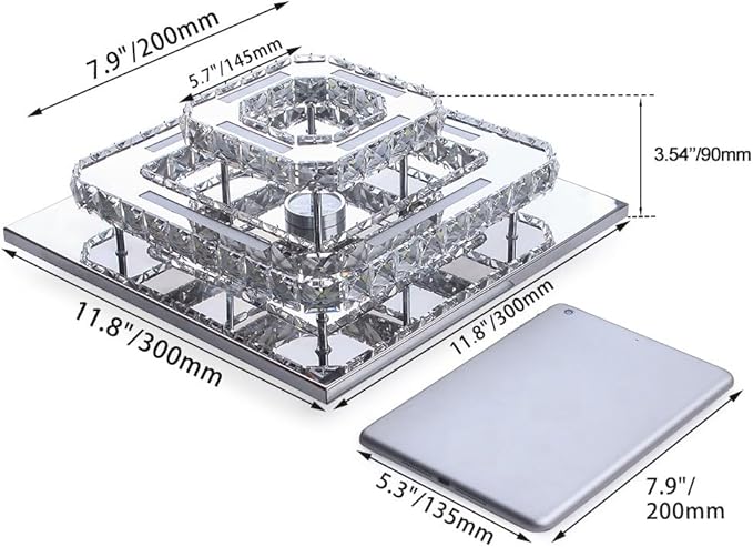 FRIXCHUR 12" Crystal Ceiling Light Crystal Chandelier LED Square Flush Mount Ceiling Light 2-Layer K9 Crystal Ceiling Fixture for Bedroom Living Room Dining Room Hallway Staircase Kitchen Closet