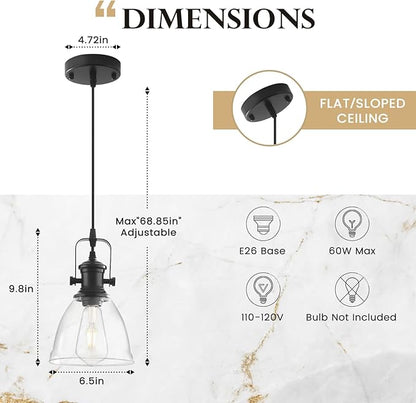 Black Pendant Lights Kitchen Island 2 Pack, Farmhouse Pendant Light, Industrial Clear Glass Pendant Light, 6.5 inches Kitchen Pendant Lighting Over Island Sink Dining Room