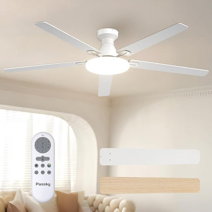 Passky Ceiling Fans with Lights, 60 inch Flush Mount Ceiling fan with Remote Control, Low Profile Ceiling Fan for Bedroom, Farmhouse, Reversible, 3CCT, Dimmable, Noiseless DC Motor, White