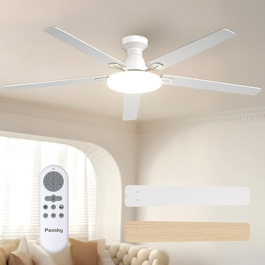 Passky Ceiling Fans with Lights, 60 inch Flush Mount Ceiling fan with Remote Control, Low Profile Ceiling Fan for Bedroom, Farmhouse, Reversible, 3CCT, Dimmable, Noiseless DC Motor, White