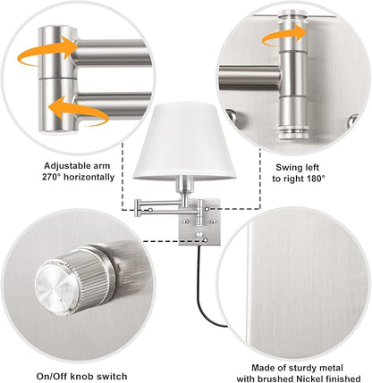 TRLIFE Wall Sconces Plug in, Remote Control Dimmable Wall Sconce and Adjustable Color Temperature 2700K-6500K, Swing Arm Wall Lights with Plug in Cord, 9.4" Medium White Fabric Shade(2 Pack, 2 Bulbs)
