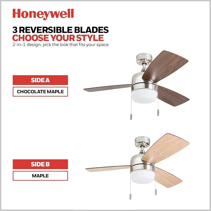 Honeywell Ceiling Fans Barcadero Modern 44 Inch Ceiling Fan with Light, Pull Chain LED Indoor Fan with 3 Blades, Maple and Brown Maple Blade Finish Options, Brushed Nickel (50616-01)